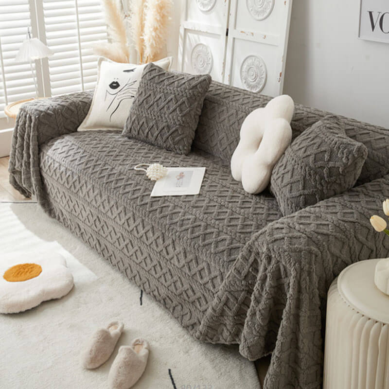 Solid Colour Fleece Furniture Protector Couch Cover Soft Cozy