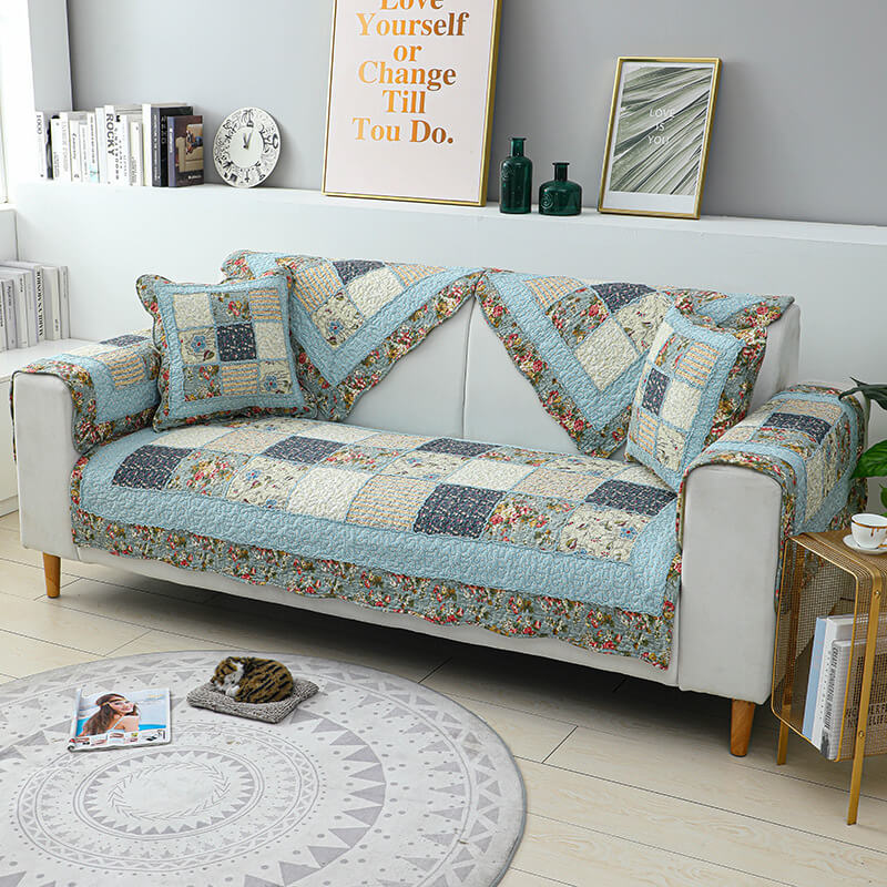 Vintage Flower Plaid Cotton Couch Cover - Soft Eco-Friendly Design