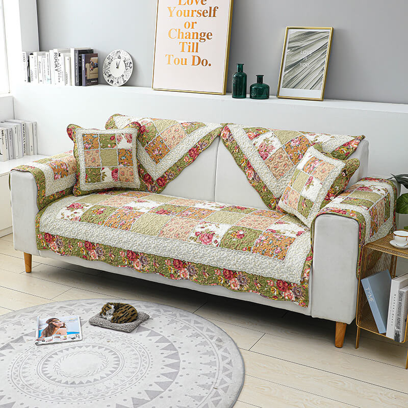 Vintage Flower Plaid Cotton Couch Cover - Soft Eco-Friendly Design