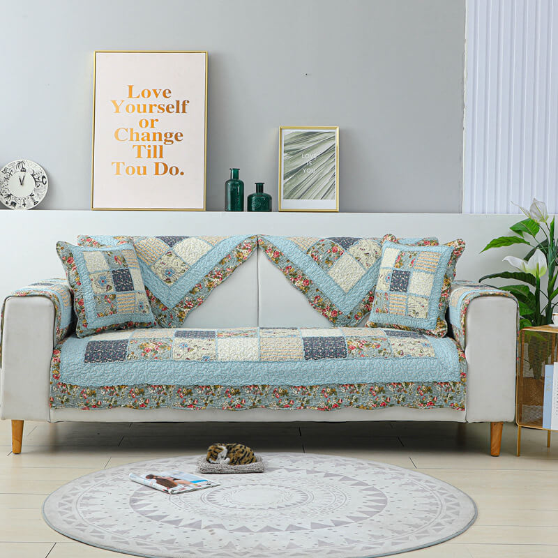 Vintage Flower Plaid Cotton Couch Cover - Soft Eco-Friendly Design