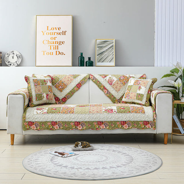 Vintage Flower Plaid Cotton Couch Cover - Soft Eco-Friendly Design