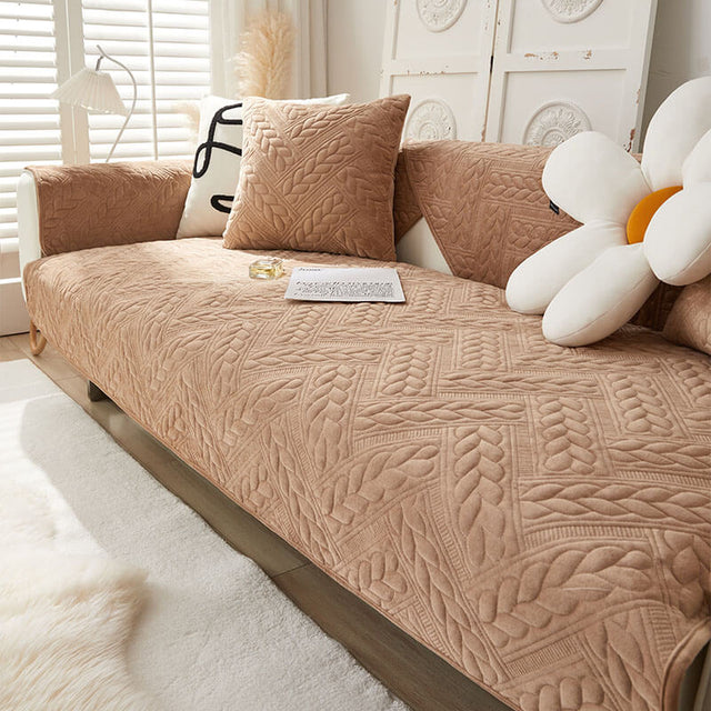 Warm Crystal Velvet Wheat Embroidery Non-Slip Couch Cover