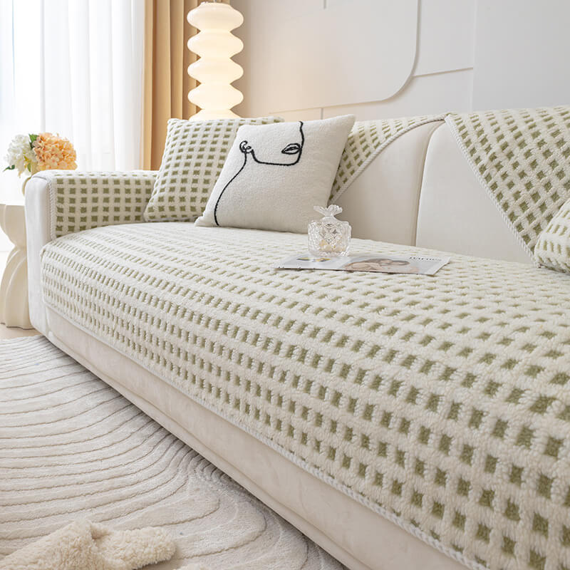 Warm Sherpa Fleece Plaid Couch Cover Furniture Protector