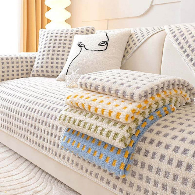 Warm Sherpa Fleece Plaid Couch Cover Furniture Protector