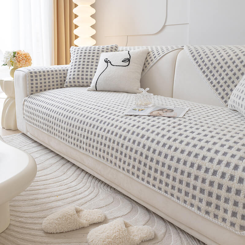 Warm Sherpa Fleece Plaid Couch Cover Furniture Protector