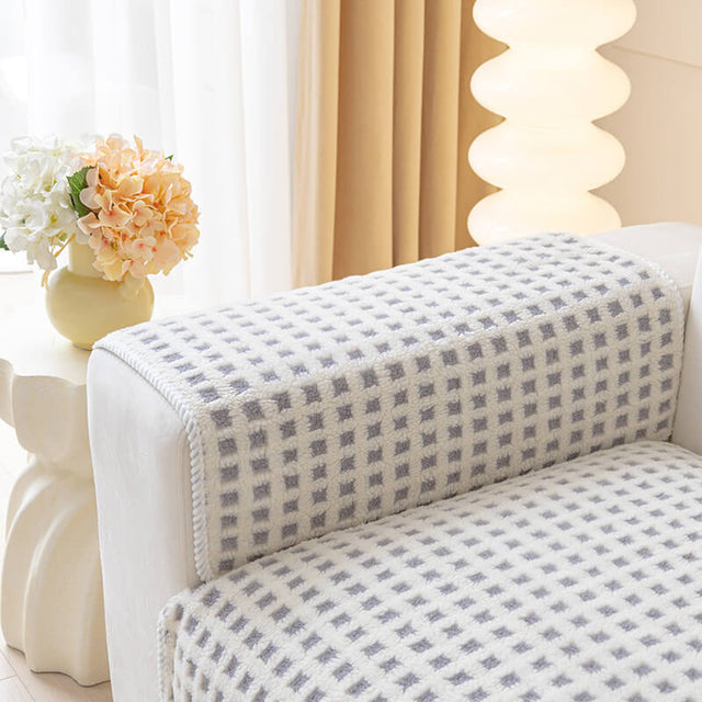 Warm Sherpa Fleece Plaid Couch Cover Furniture Protector