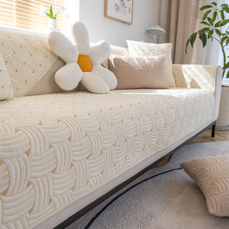 Weave Pattern Cotton Quilted Sectional Couch Cover, Non-Slip