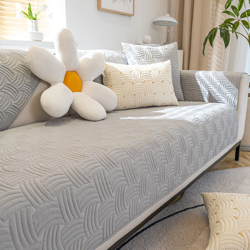 Weave Pattern Cotton Quilted Sectional Couch Cover, Non-Slip