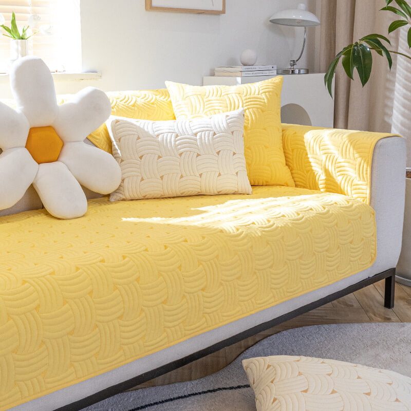 Weave Pattern Cotton Quilted Sectional Couch Cover, Non-Slip