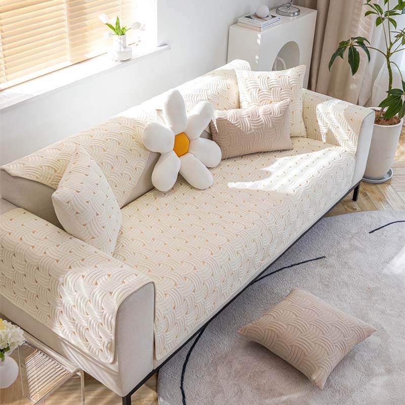 Weave Pattern Cotton Quilted Sectional Couch Cover, Non-Slip
