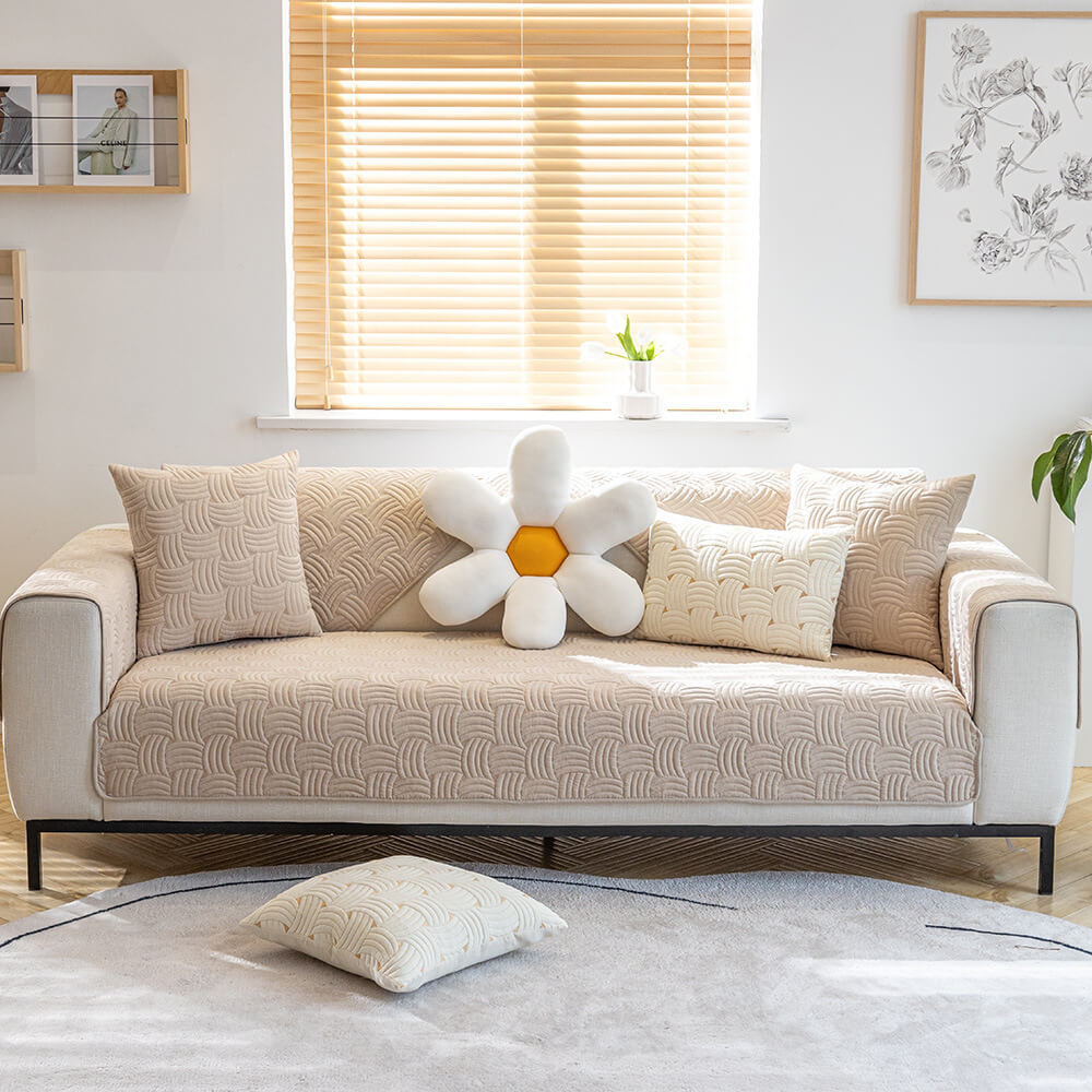 Weave Pattern Cotton Quilted Sectional Couch Cover, Non-Slip