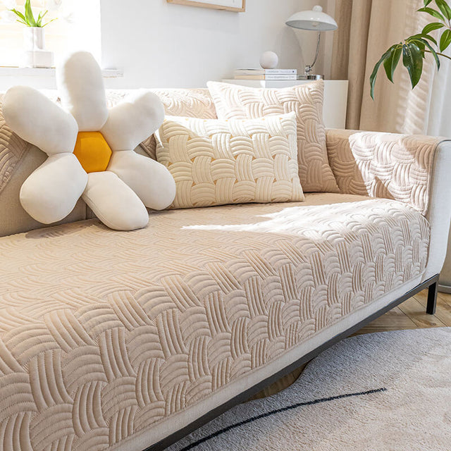 Weave Pattern Cotton Quilted Sectional Couch Cover, Non-Slip