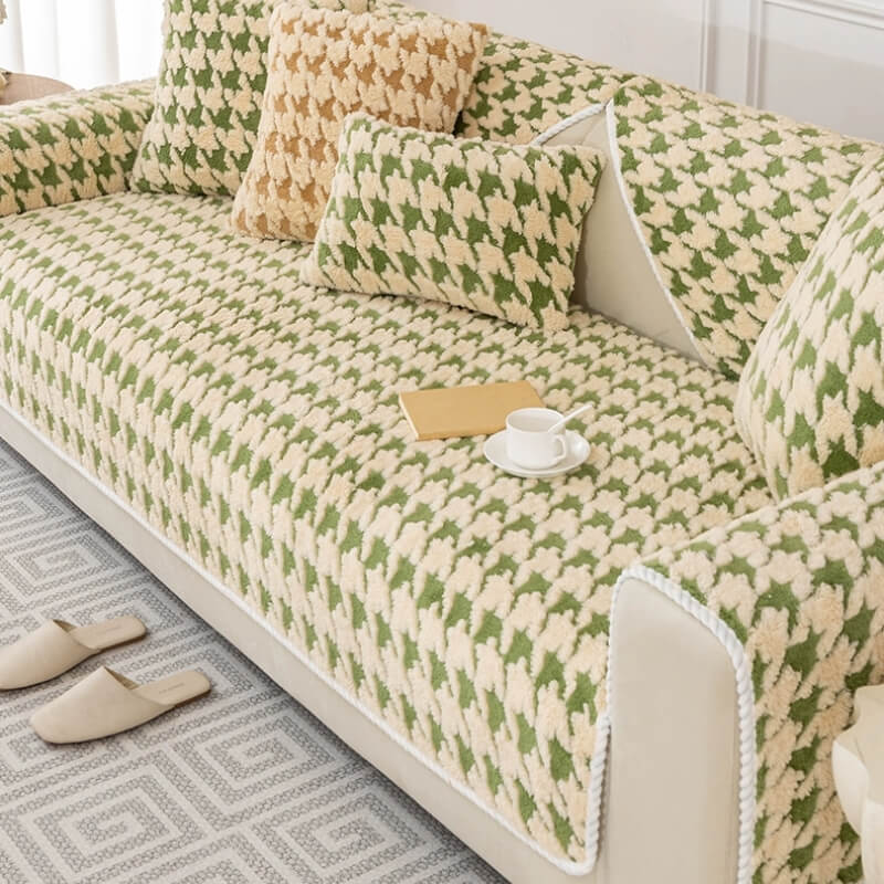 Houndstooth Plush Mat Furniture Protection Anti-Slip Cover
