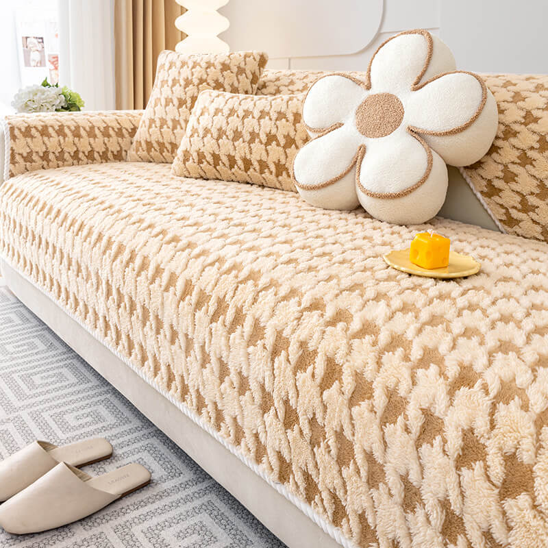 Houndstooth Plush Mat Furniture Protection Anti-Slip Cover