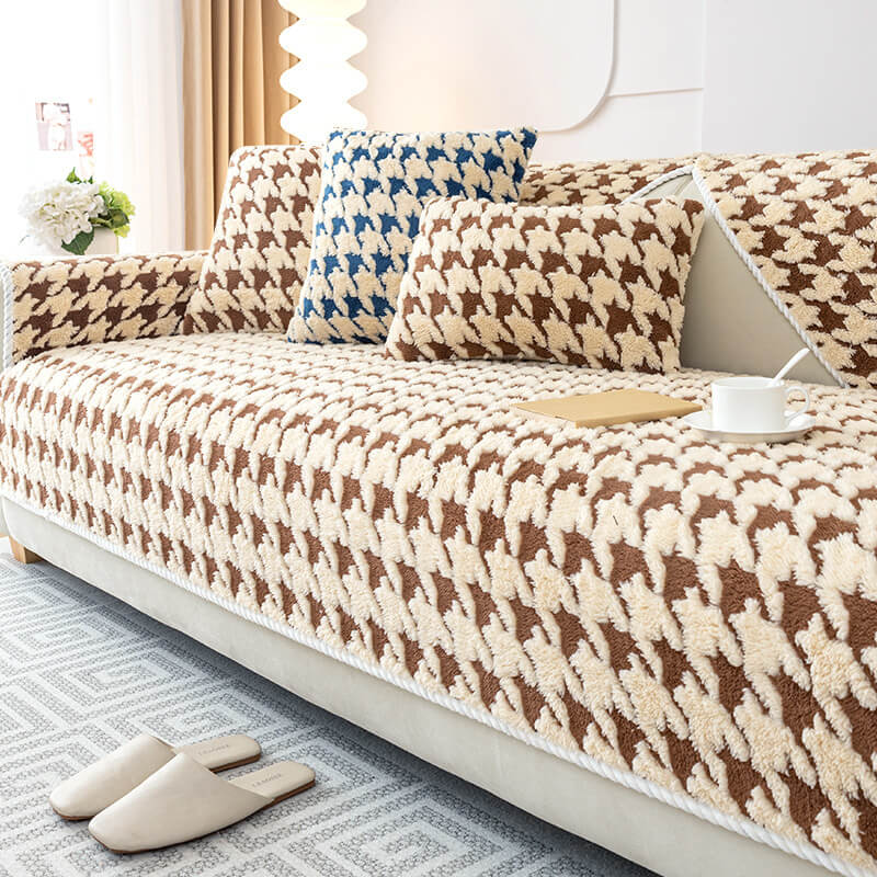 Houndstooth Plush Mat Furniture Protection Anti-Slip Cover
