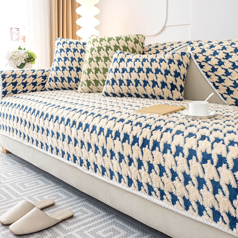 Houndstooth Plush Mat Furniture Protection Anti-Slip Cover