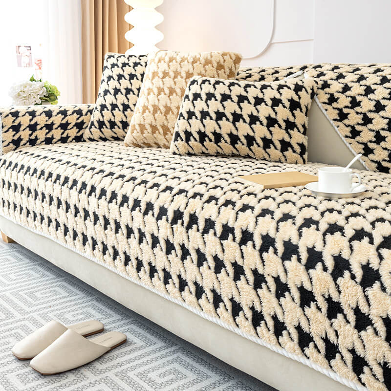 Houndstooth Plush Mat Furniture Protection Anti-Slip Cover