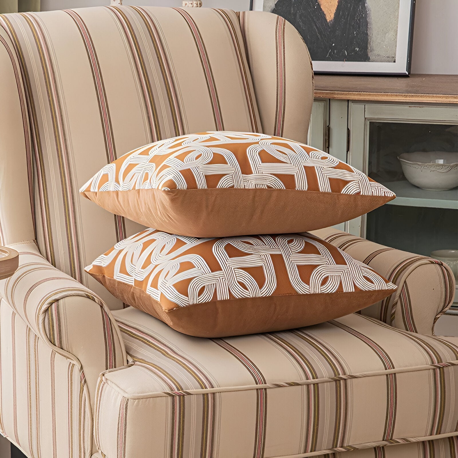 Gold Geometric Design Cushion Cover in Jacquard Style