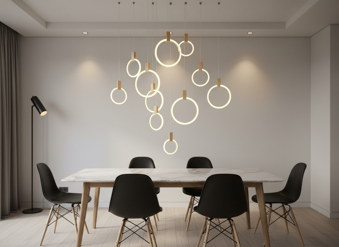Halo LED Stair Chandelier – Modern Aluminum & Acrylic Hanging Light