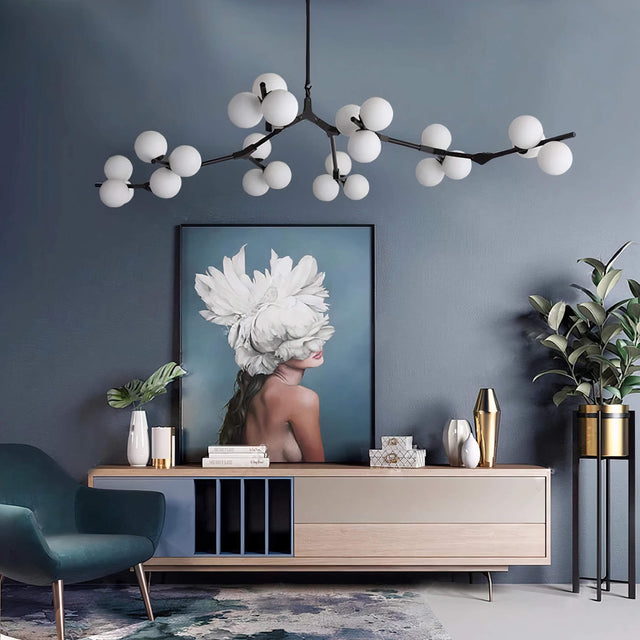 Heritage Scandinavian Chandelier – Modern Branch Design with Ambient Glass Globes