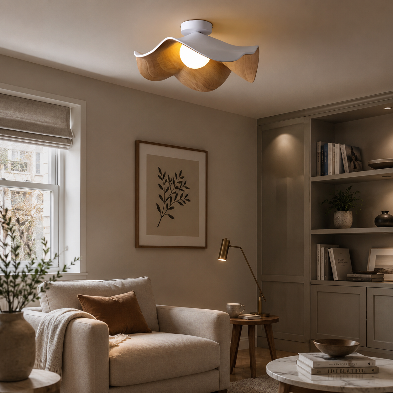 Scandinavian Wood Ceiling Light, Japandi Flush Mount, Black or White