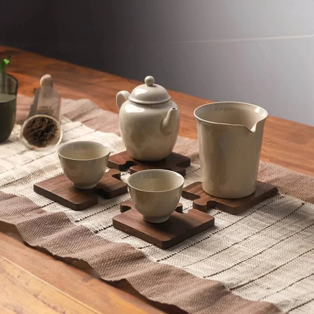 Jigsaw Shape Walnut Wood Coaster Set - Rustic Charm Design