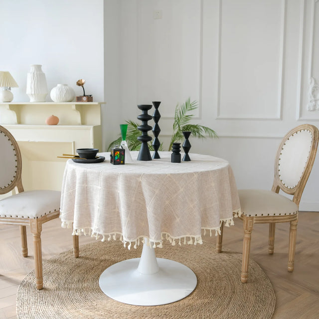 Cotton Linen Jacquard Round Tablecloth with Tassels