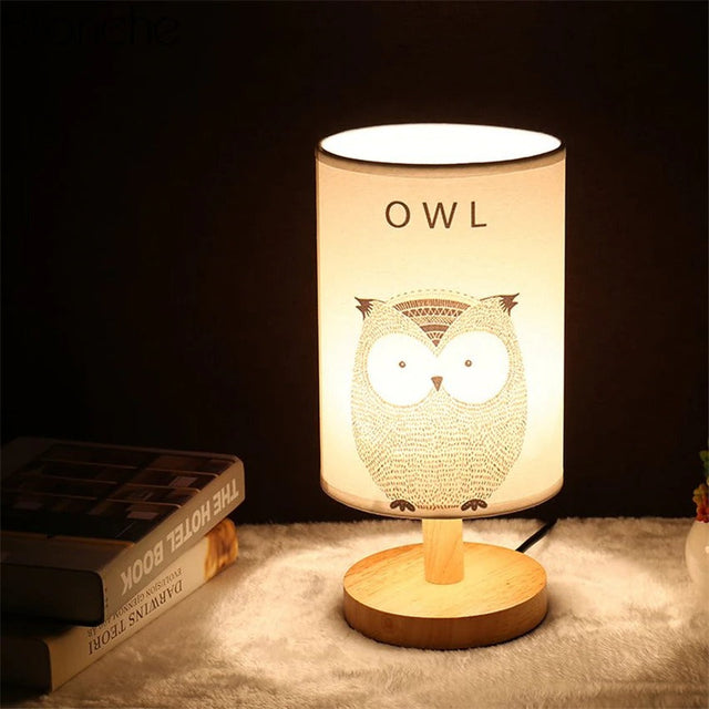 Wooden Bedside Lamp with Animal Shade in Vintage Style