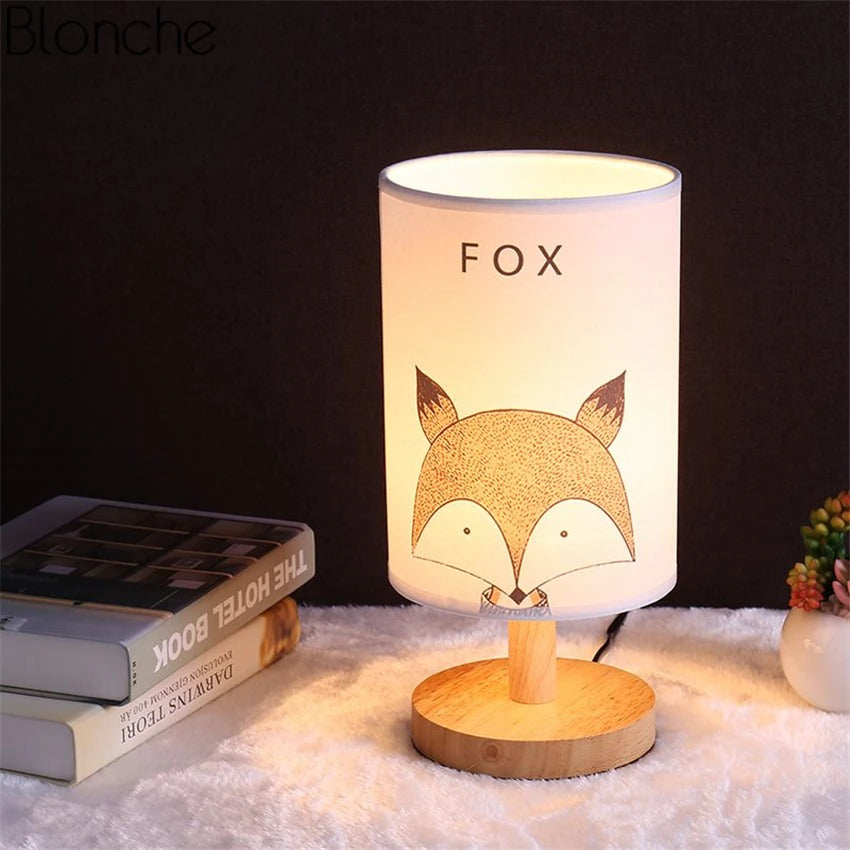 Wooden Bedside Lamp with Animal Shade in Vintage Style