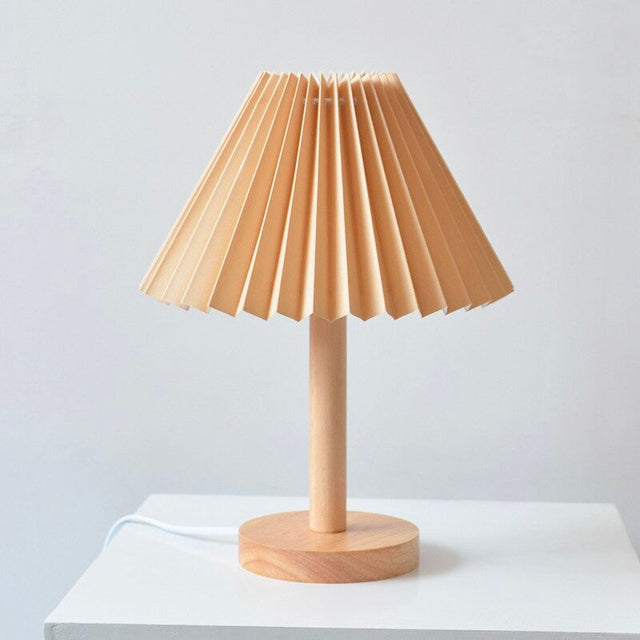Wooden Bedside Lamp With Folded Shade Vintage Design