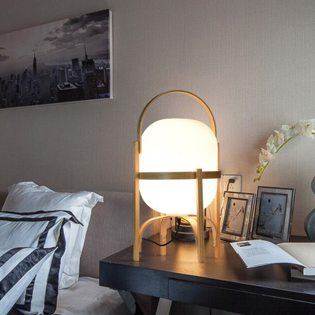 Japanese Wooden Bedside Lamp with Glass Stone Shade