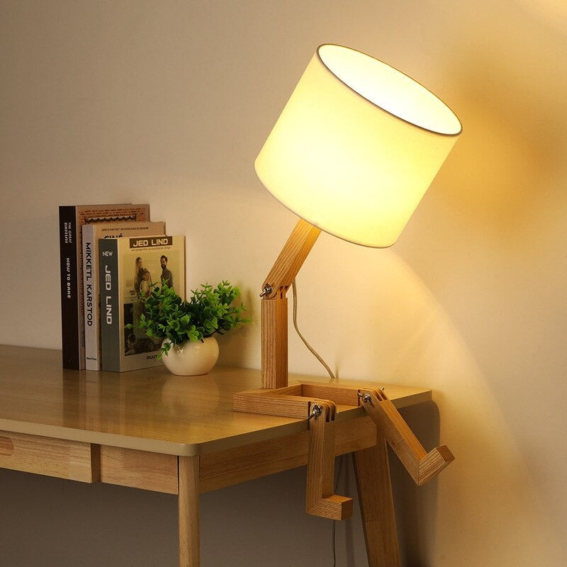 Robot Wooden Bedside Lamp with Retro Edison Style