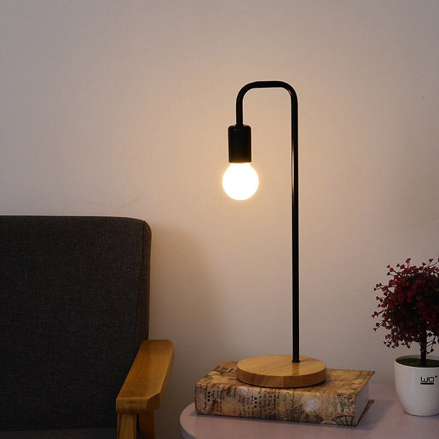 Edison Industrial Bedside Lamp with Wooden Base and Metal Body