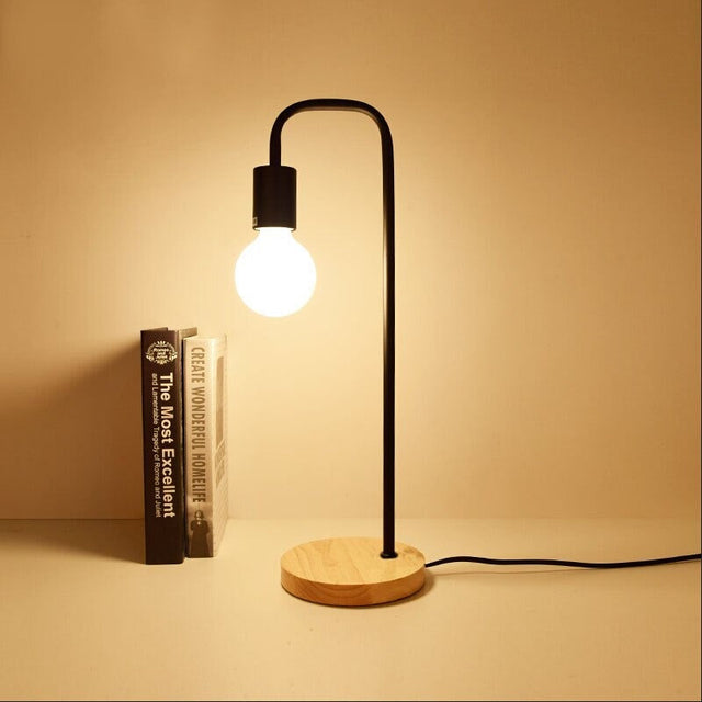 Edison Industrial Bedside Lamp with Wooden Base and Metal Body