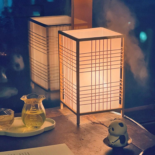 Japanese Square Bedside Lamp with Fabric Shade and Patterns