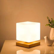 Square LED Bedside Lamp with Wooden Base and Frosted Shade