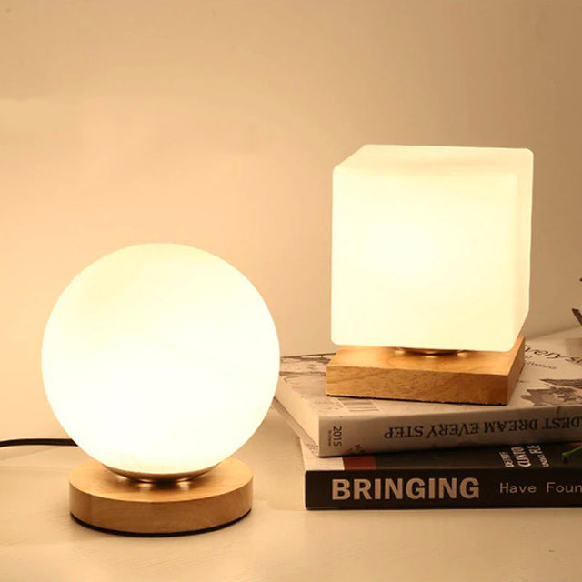 Square LED Bedside Lamp with Wooden Base and Frosted Shade