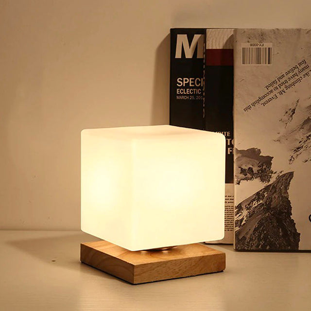 Square LED Bedside Lamp with Wooden Base and Frosted Shade