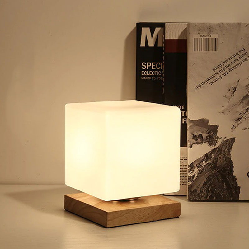 Square LED Bedside Lamp with Wooden Base and Frosted Shade