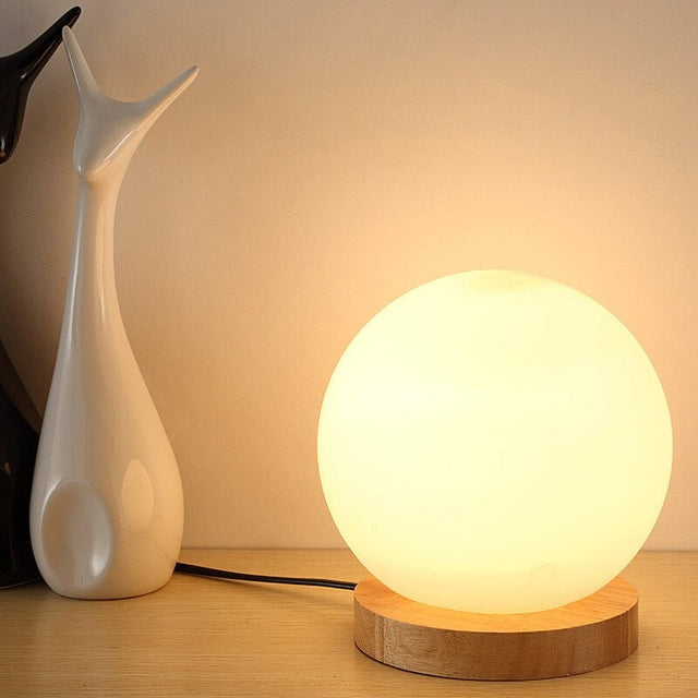 Round LED Bedside Lamp with Frosted Glass Shade and Wood Base