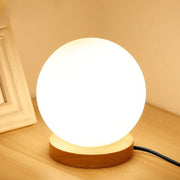 Round LED Bedside Lamp with Frosted Glass Shade and Wood Base