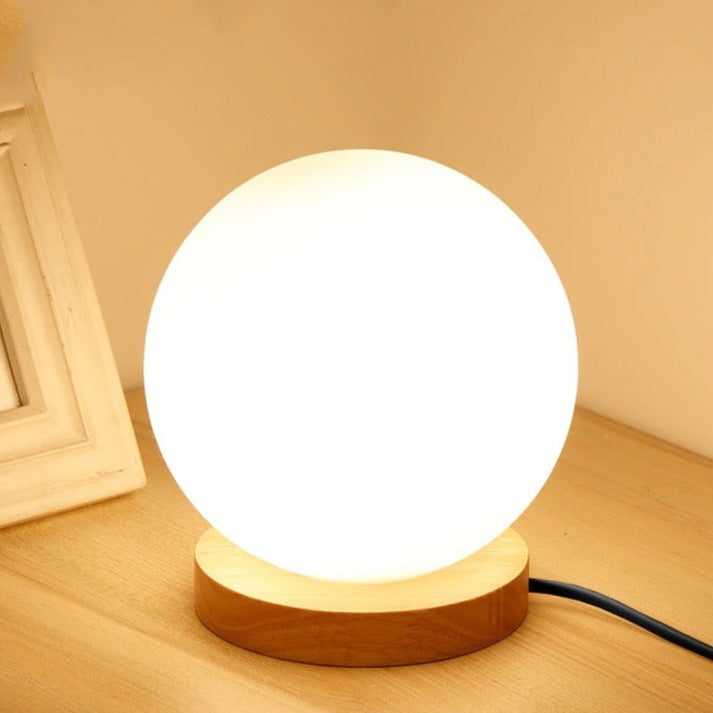 Round LED Bedside Lamp with Frosted Glass Shade and Wood Base