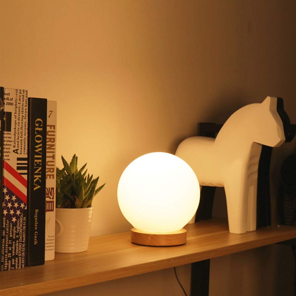 Round LED Bedside Lamp with Frosted Glass Shade and Wood Base