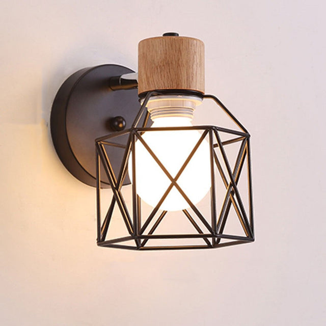 Cage Industrial Wall Bedside Lamp with Metal and Wood Design