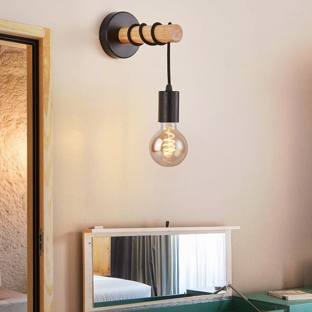 Black Industrial Wall Bedside Lamp with Wooden Base