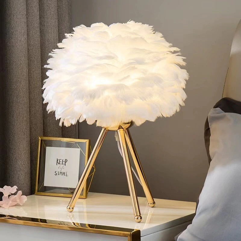Swan Feather Bedside Lamp with Gold Metal Tripod Base