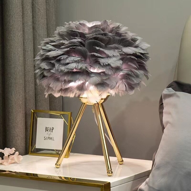 Swan Feather Bedside Lamp with Gold Metal Tripod Base