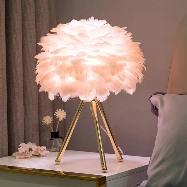Swan Feather Bedside Lamp with Gold Metal Tripod Base