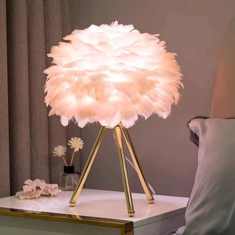 Swan Feather Bedside Lamp with Gold Metal Tripod Base