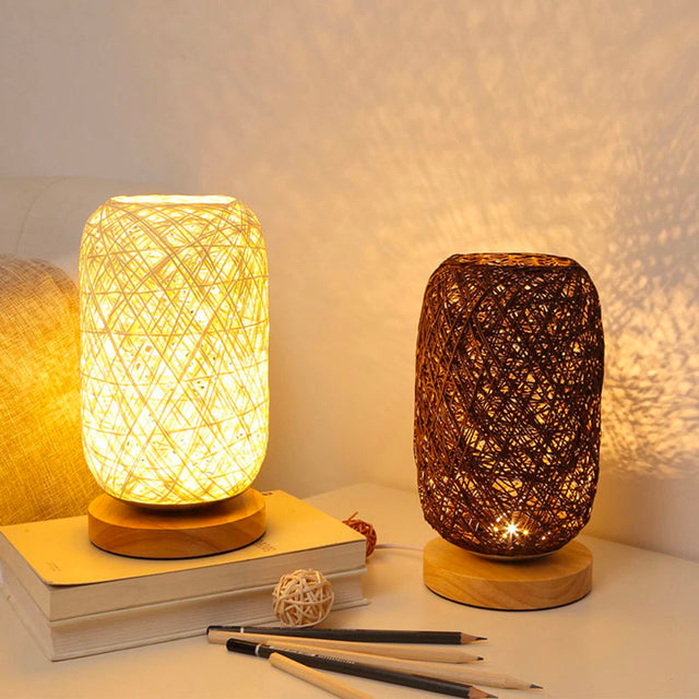 Rattan and Wooden Bedside Lamp with Modern Book Design